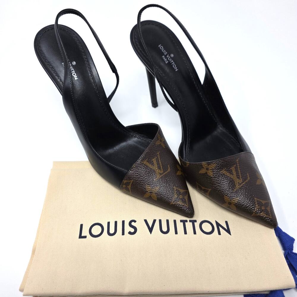 Louis Vuitton Monogram Slingback Pumps Cherie Pointed Toe Leather Heels 37.5 7.5 - Picture 3 of 11